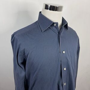 David Donahue 16.5 32/33 Trim Fit Dress Shirt Blue White Polka Dot 100% Cotton